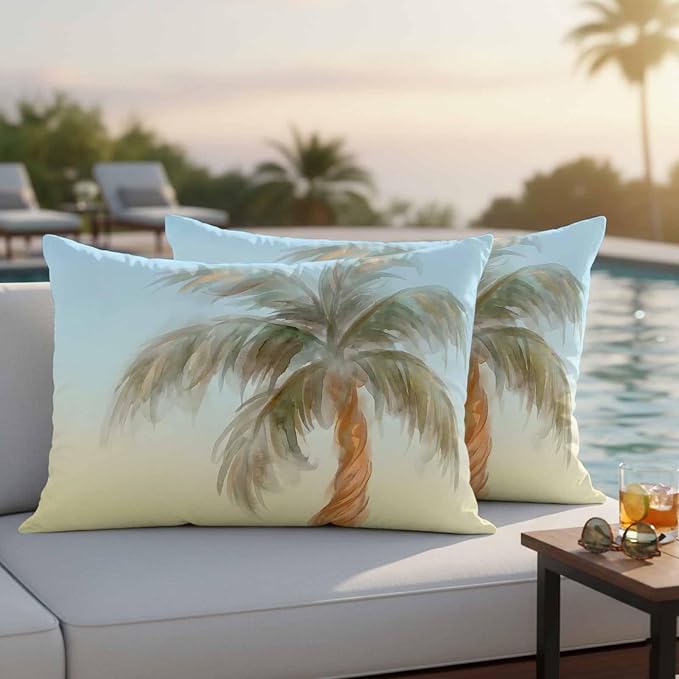 Yukro Summer Palm Tree Outdoor Waterproof Pillow Covers Pack of 2, Coastal Tropical Plant Watercolor Texture Throw Pillowcases Decorative Cushion Covers for Garden Patio Tent Sofa Couch, 20x12 inch