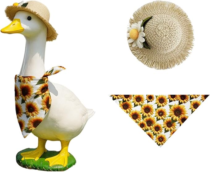 Sunflower Porch Goose Outfits - 2Pcs Spring Goose Outfits for Porch Goose with Sunflower Bonnet & Bandana Bib for 23 Inch Goose, Cheerful Garden Patio Decor for Spread Sunshine All Year