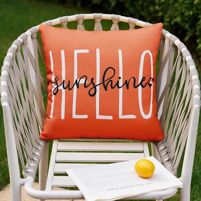 DFXSZ Dirty Orange Outdoor Waterproof Pillow Covers 20x20 Set of 2 | Hello Sunshine Decor Summer Fall Polyester Pillow Covers(NO INSERTS)| Decor for Patio Funiture Garden Sofa Couch