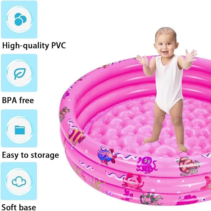 Inflatable Baby Kiddie Pools, 3 Rings Round Swimming Pool, Toddler Fun Water Swim Beach Floaties Toys, Kids Fishing Pond Ball Pit Pool, Small Infant Pool (Pink, 35 inch)