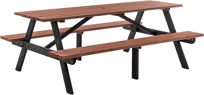 75'' Rectangular Outdoor Dining Table Wooden Patio Dining Table & 2 Built-in Bench for 8, 2" Umbrella Hole, Suitable for Picnic Backyard Garden Porch, Wood Brown