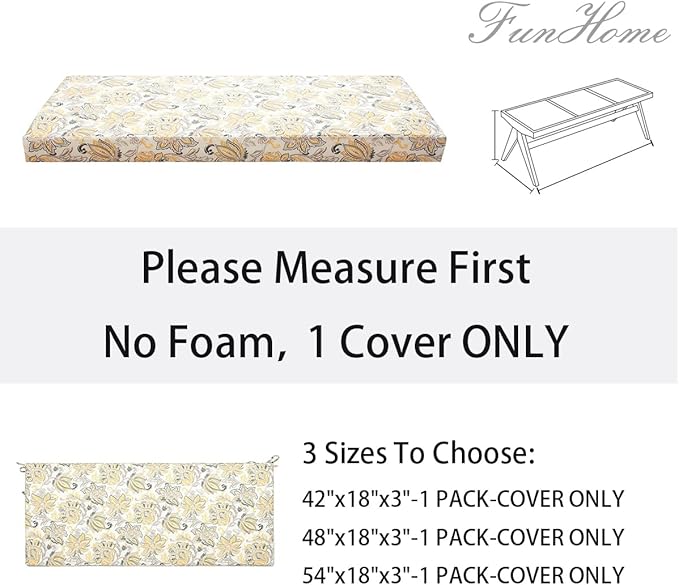 FUNHOME Outdoor Bench Cushion Cover 42 x18 x 3 inch,Water Resistant Cover with Zipper&Ties,Fade-Resistant Slipcover,Patio Porch Swing Cushion Cover Replacement Only,No Insert(Yellow Flower)
