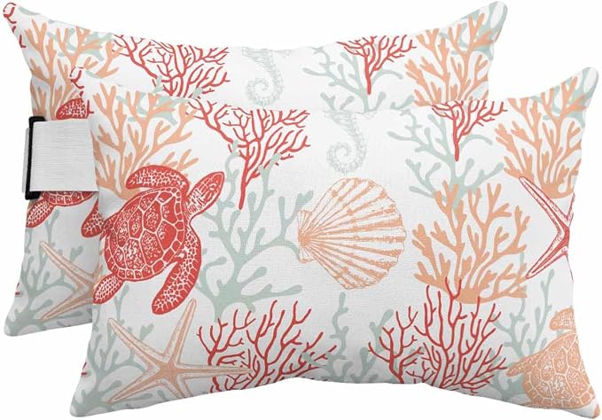 Lumbar Pillow Covers Set of 2, Red Orange Coastal Waterproof Outdoor Chaise Lounge Pillow Covers with Elastic Strap, Sea Turtle Nautical Coral Summer Beach Headrest Pillowcase for Patio, 12 x 20