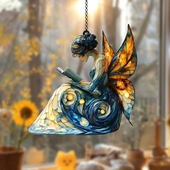 Reading Fairy Acrylic Suncatcher, Bookish Suncatchers for Window Hanging Ornament, Art Garden Decor for Book Lover Reader Bookworm, Gifts for Mother's Day, Mom, Grandma, Wife, Women, Nana