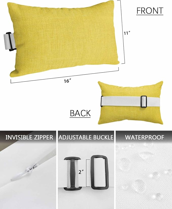 Outdoor Pillow for Chaise Lounge Chair Yellow Rustic Vintage Burlap Texture Outdoor Pillows Waterproof with Adjustable Strap Headrest Lumbar Pillows for Garden Patio Furniture 1 Pack 11" x 16"