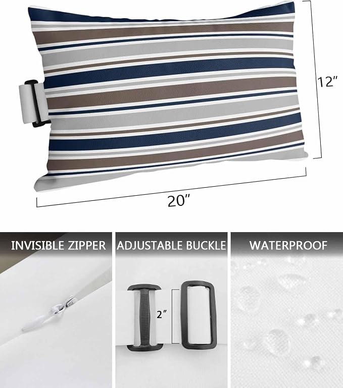 Pack of 4 Outdoor Lumbar Pillow Covers 12x20 Inch, Grey Navy Blue Striped Waterproof Throw Pillow Covers Set, Farmhouse Stripes Modern Abstract Art Outside Decorative Cushion Cases for Patio Porch Car