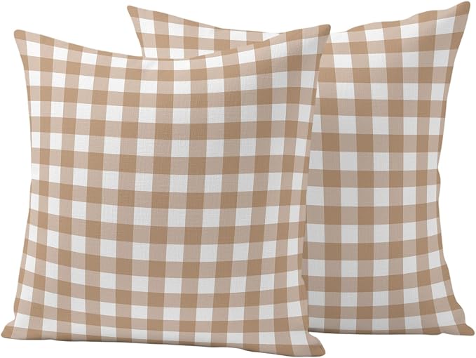 Brown Checks Outdoor Pillow Covers 20"x20" Set of 2, Beige Rustic Gingham Plaid Abstract Modern Waterproof Throw Pillow Covers for Patio Furniture, Decorative Cushion Covers for Porch