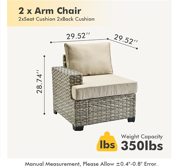 HOOOWOOO Outdoor Sectional Patio Furniture Set,2 Pieces Single Arm Wicker Chairs,Extra Deep Out Door Sofa Outside Furniture,Beige