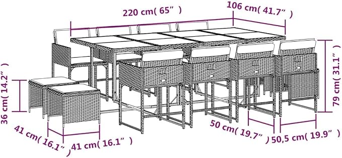 Garden Dining Set Black PE Rattan Large Foldable Outdoor Patio Table with 8 Chairs and 4 Stools for 12 Person Family Gathering, UV Resistant Weatherproof Seating for Modern Rectangular Glass