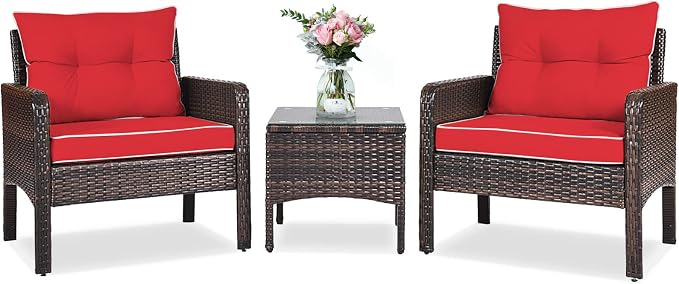 ORALNER 3-Piece Patio Conversation Set, All-Weather Wicker Sofa Chair and Coffee Table Set with Thick Cushions, Outdoor Furniture, Rattan Bistro Set for Balcony Deck Porch Poolside Garden (Red)