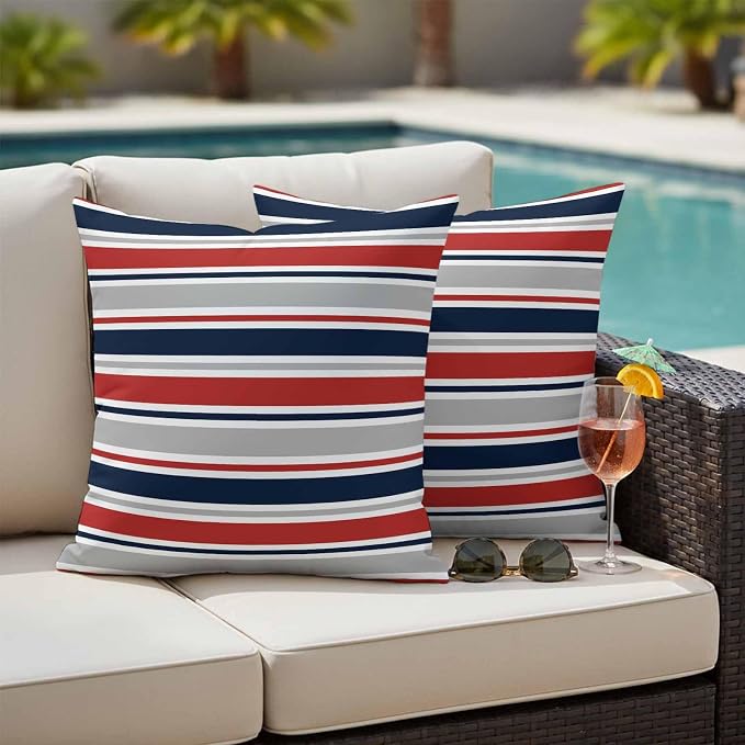 Red Navy Blue Striped Outdoor Pillow Cover 26x26 Inch Cushion Sham Case, Farmhouse Stripes Modern Abstract Art Waterproof Decorative Square Throw Pillowcase for Outside Garden Patio Porch Couch Chair