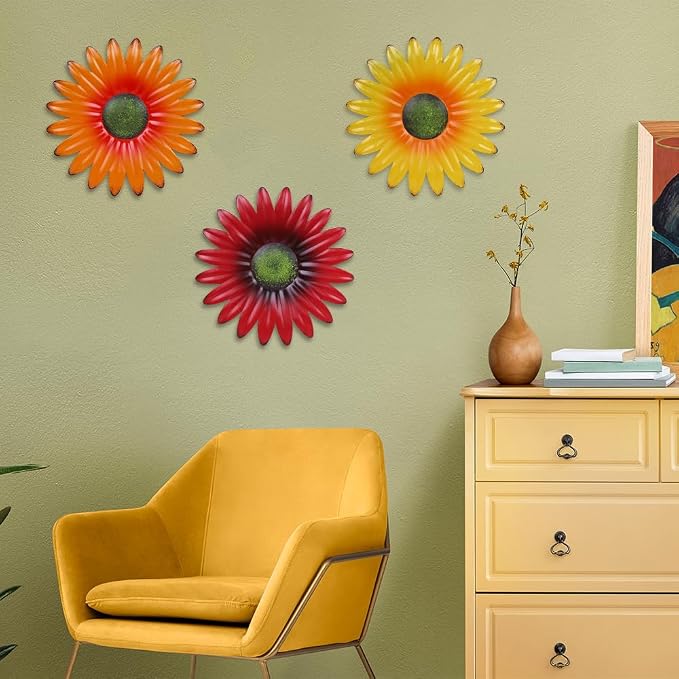 hogardeck Metal Flower Wall Decor for Indoor Outdoor, Kitchen Decor Floral Metal Wall Art, Wall Decor for Bathroom, Living Room, Porch, Garden, Yard, Backyard （3 Pcs 9'' ）