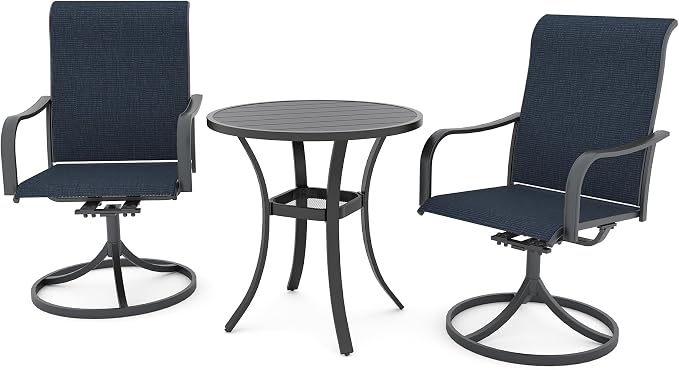 Anmutig 3-Piece Outdoor Patio Dining Set, 27.5" Black Round Table with 2 Swivel Rocking Patio Chairs Furniture Set for Kitchen Garden, Backyard, Blue
