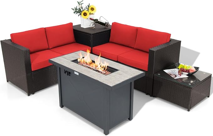 COSTWAY 5 Piece Patio Furniture Set with 42'' Fire Pit Table, Outdoor Wicker Rattan Loveseat Sofa with 4'' Thickened Cushions, 2 Side Tables, Sectional Conversation Set for Backyard (Red)