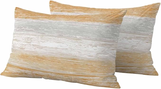 Outdoor Waterproof Throw Pillow Covers, Vintage Orange Grey Decorative Pillow Cases, Farmhouse Barn Wooden Striped Couch Pillow Protector Patio Sofa Cushion Covers Replacement 20"x12" 2 Pack