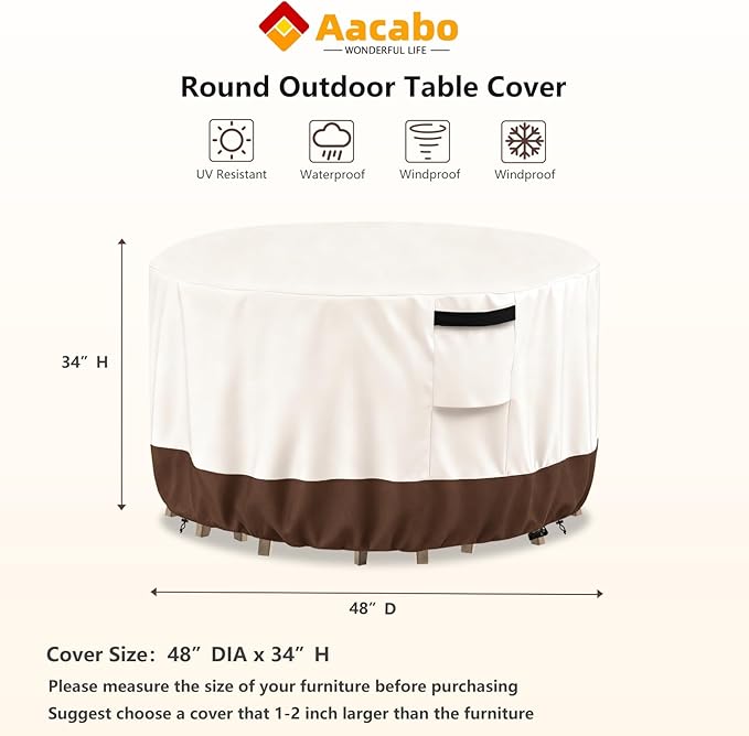 Outdoor Round Table Cover Waterproof Patio Furniture Covers,Patio Round Table Chair Set Covers - 48" Dia x 34" H (Beige & Brown)