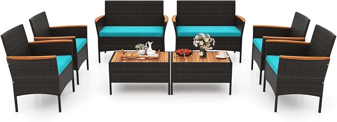 Tangkula 4 Pieces Patio Wicker Sofa Set, 2 Rattan Chairs & Loveseat w/Coffee Table, Acacia Wood Armrests & Tabletop, Outdoor Cushioned Conversation Set for Backyard, Poolside (Turquoise, 8 Pieces)