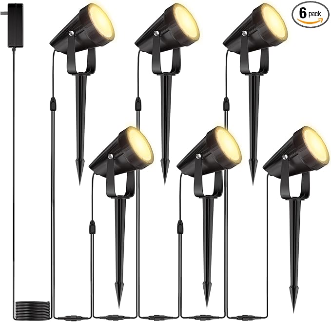 Outdoor Landscape Lighting Low Voltage, 49.2FT Wired LED Spot Light with Plug-in Transformer, IP65 Waterproof Outside Uplight 7W 840LM for Yard Garden Tree Pathway House, Warm Yellow 3000K, Pack of 6