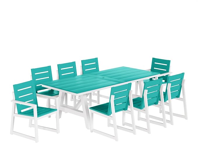 WestinTrends Cape May 9-Piece HDPE Outdoor Furniture Patio Dining Table with Umbrella Hole and Chairs Set for 8, Turquoise