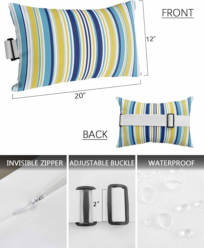 Outdoor Pillows Covers with Inserts Aqua Navy Blue and Yellow Colorful Texture Waterproof Recliner Pillow with Adjustable Strap Throw Pillows for Patio Furniture Pool Lounge Chair, 12x20 inch, 1PCS