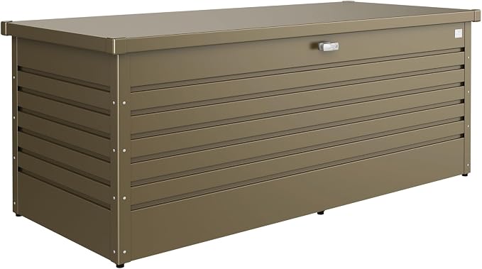 Biohort LeisureTime 210 Gallon Metal Deck Box, Bronze | 71 L x 31 W x 27.9 H, Durable Large Outdoor Storage, Locking, Waterproof, Soft Close, Tools, Cushions, Pool, 20 Year Warranty