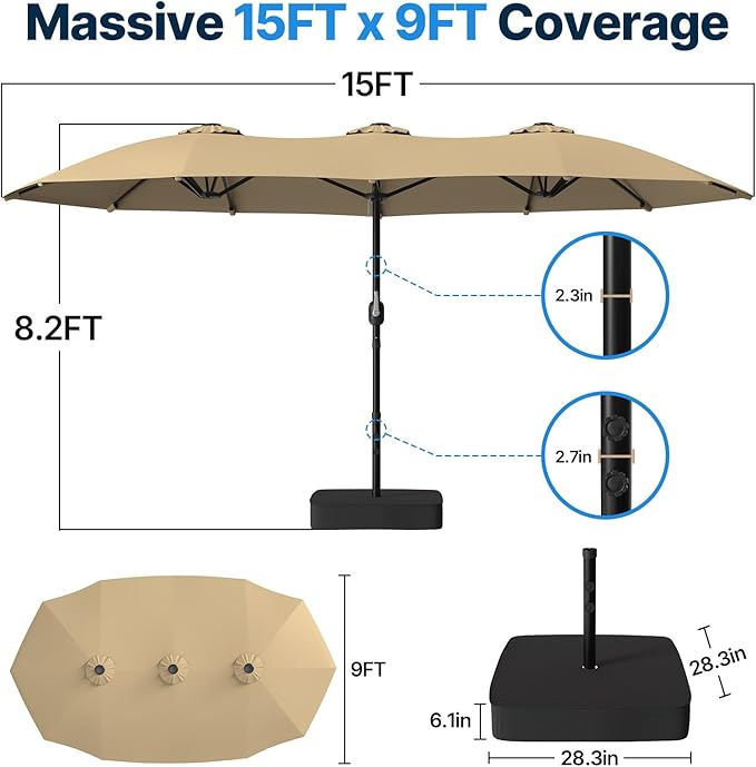 Suteck 15FT Patio Umbrella with Base Included, Double-Sided Rectangle Outdoor Large Umbrella with Crank Handle, UV & Fade Resistant Canopy for Poolside, Backyard, Deck and Market, Beige