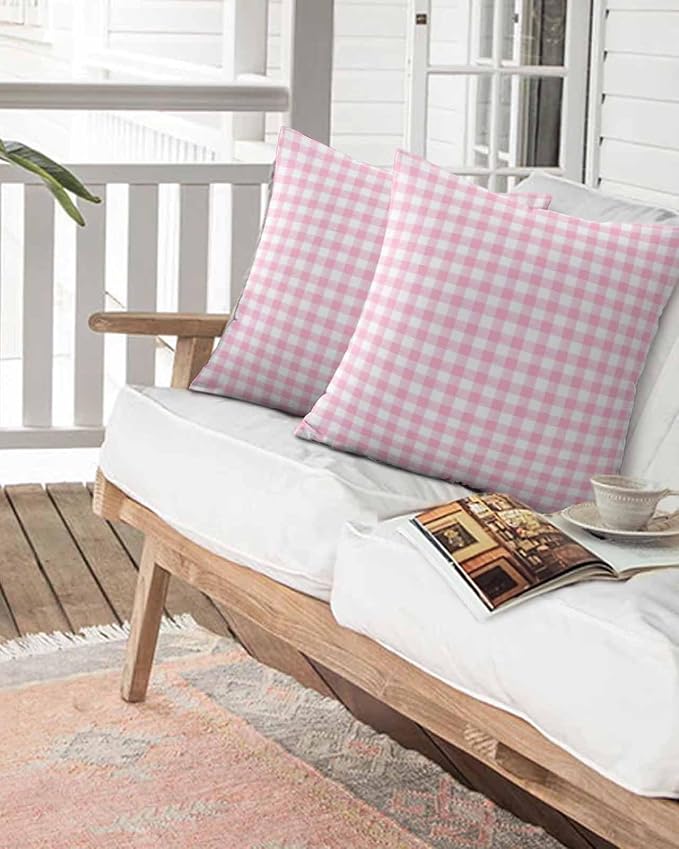 Outdoor Waterproof Throw Pillows Pink Geometric Plaid Patio Pillows,Decorative Pillow Covers with Insert,Pillow Cushion Case for Garden Couch Sofa Rustic Minimalist Checkered