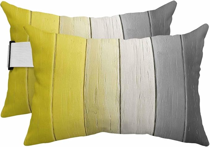 Yellow Gray Ombre Outdoor Pillows for Chaise Lounge Chair Beach Headrest Pillow Set of 2 Waterproof Lumbar Pillows with Insert&Strap Vintage Country Wooden Recliner Neck Pillow for Patio Pool 12"x20"