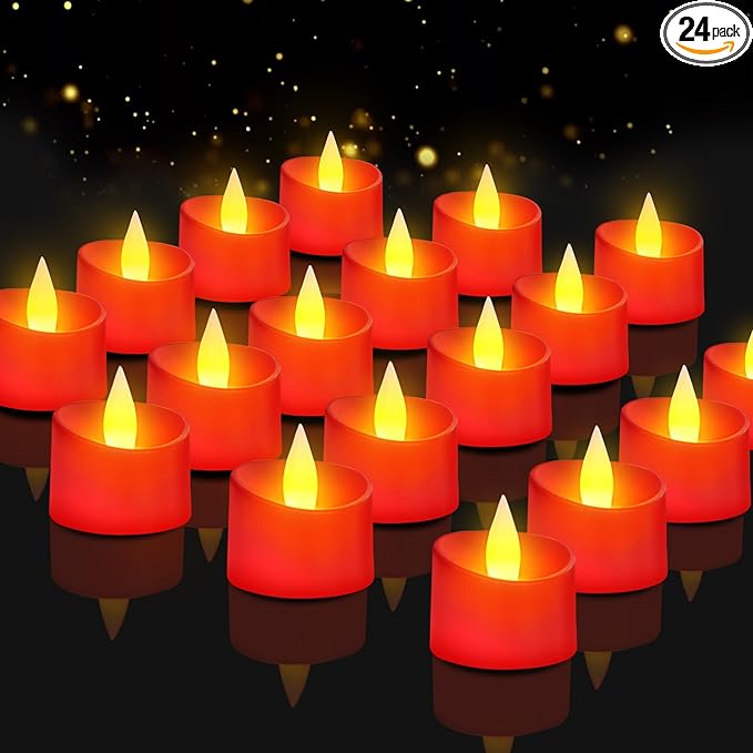Realistic Flameless LED Tea Lights - 24 Pack Premium LED Tea Lights for Christmas Mantel, Valentine's Dinner & Wedding Centerpieces (Red Base, 24 Pack)
