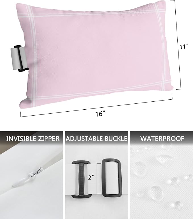 Outdoor Pillows Covers with Inserts Solid Color Pink Waterproof Recliner Pillow with Adjustable Strap Throw Pillows for Patio Furniture Pool Lounge Chair, 11x16 inch, 1PCS