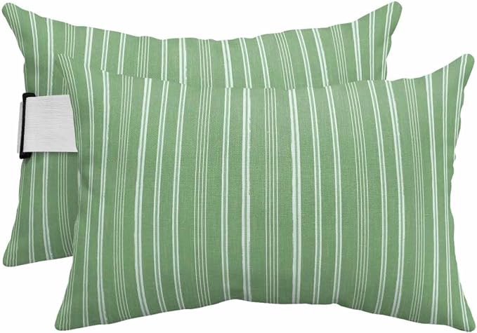 Pack of 2 Outdoor Lumbar Pillow Covers 11x16 Inch, Green Striped Waterproof Throw Pillow Covers Set, Farmhouse Stripes Modern Vintage Indoor&Outdoor Decorative Cushion Cases for Patio Porch Car