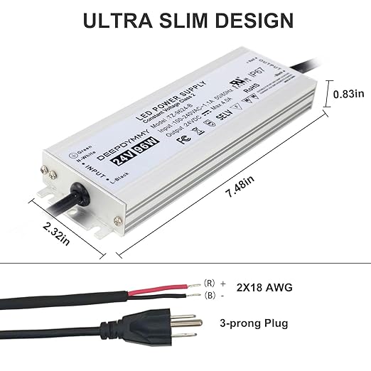 24V DC Power Supply 96W - Ultra Slim LED Driver Low Voltage Transformer with 3-Prong Plug & 3.3ft Cable, IP67 Waterproof for LED Strip Lights, Outdoor Lighting
