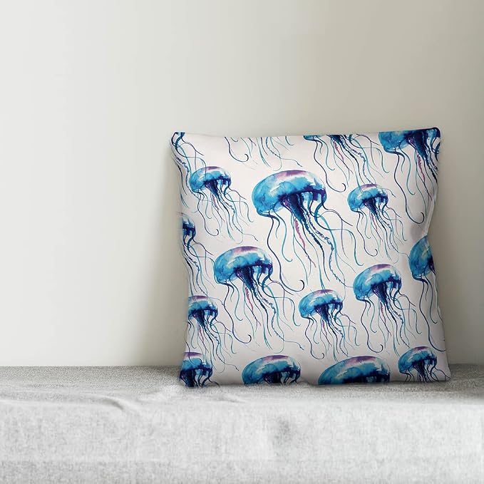 Jellyfish Swarm Indoor/Outdoor Pillow | Decorative Pillows for Living Room Couch Bed Sofa Patio, Fluffy Soft Cushion | Water Resistant Blue, 18x18