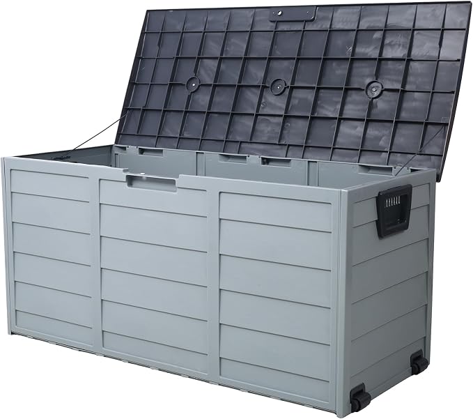 75 Gallon Deck Box, All Weather UV Pool Deck Box, Lockable Patio Storage Box for Backyard Patio Outdoor w/ Wheel, Waterproof Outside Storage Box for Patio Furniture Outdoor Cushions,Garden Tools
