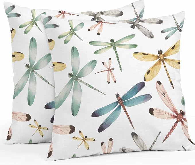 Dragonfly Outdoor Pillow Covers 18x18 Inch Throw Pillow Covers Set of 2 Waterproof Decorative Pillow Cases Watercolor Colorful Nature Painting Art Cushion Covers for Patio Furniture Garden Couch Sofa