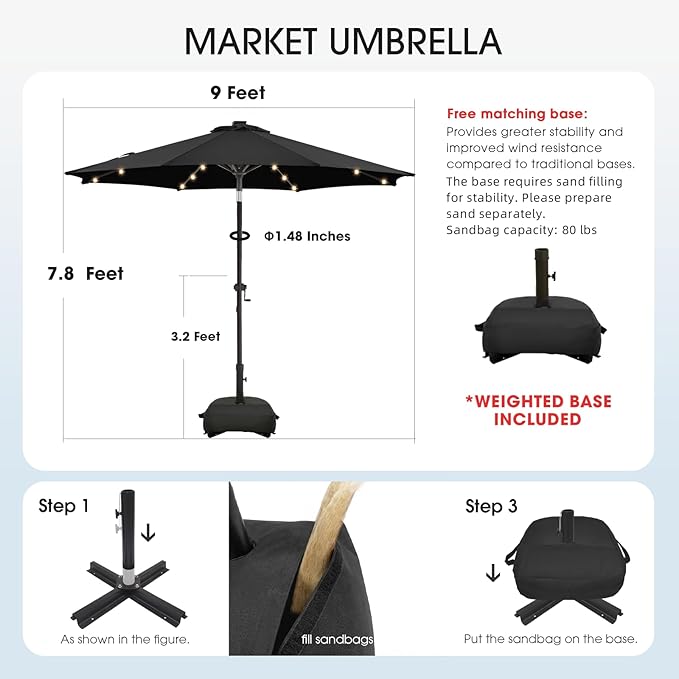 wikiwiki 9FT Solar Led Patio Umbrella with Base Included, 32 LED Lights, 8 Sturdy Ribs, Fade Resistant Waterproof POLYESTER DTY Canopy for Garden, Lawn, Deck, Backyard & Pool, Black