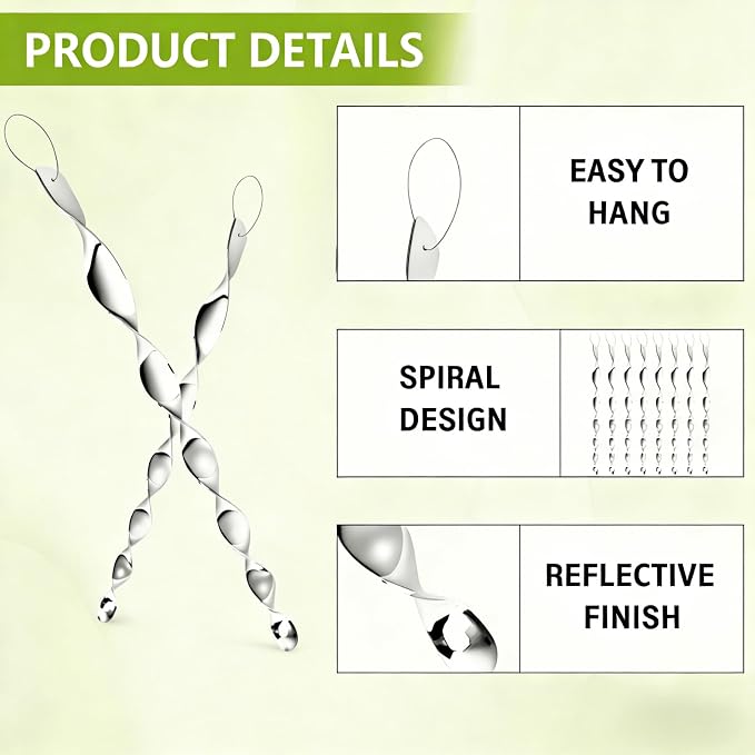 12 Pack Silver Spiral Bird Repellent Reflective Scare Rods, Hanging Plastic Rod Bird Deterrent Device, Glossy Finish Wind Spinner Scare Animals Away Outside Patio Lawn Garden Trees Decorations