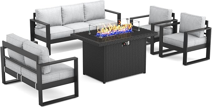 Outdoor Aluminum Furniture Set with Fire Pit Table - 5 Pieces Modern Patio Conversation Sets Metal Sectional Sofa Set