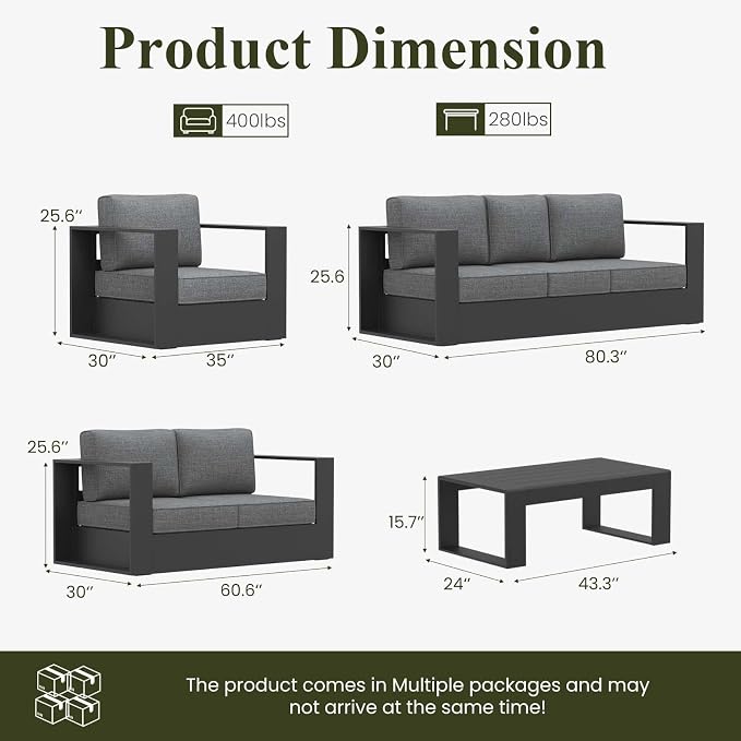 LayinSun Oversized Aluminum Outdoor Furniture Set, 5 Piece Patio Sofa Sets with Coffee Table, Deep Seating and Upgraded 6-inch Cushions for Porch, Balcony, Deck