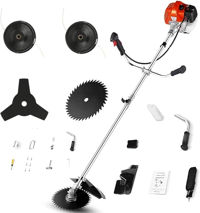COOCHEER 4 in 1 Brush Cutter Gas Powered,58cc Weed Wacker Gas Powered, 2 Cycle Straight Shaft String Trimmer Grass Cutter Machine for Lawn and Garden Care Trimming, Orange