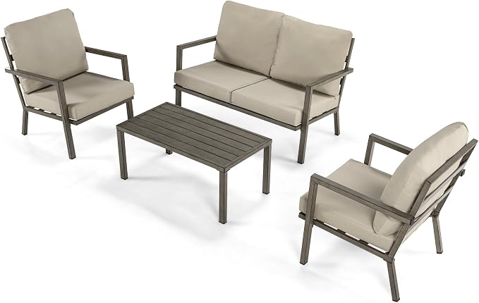 HAPPATIO Aluminum Patio Furniture Set, 4 Pieces Conversation Set with Thick Cushions and Coffee Table, All Weather Loveseat Waterproof and Rustproof for Garden, Backyard, Porch, Grey