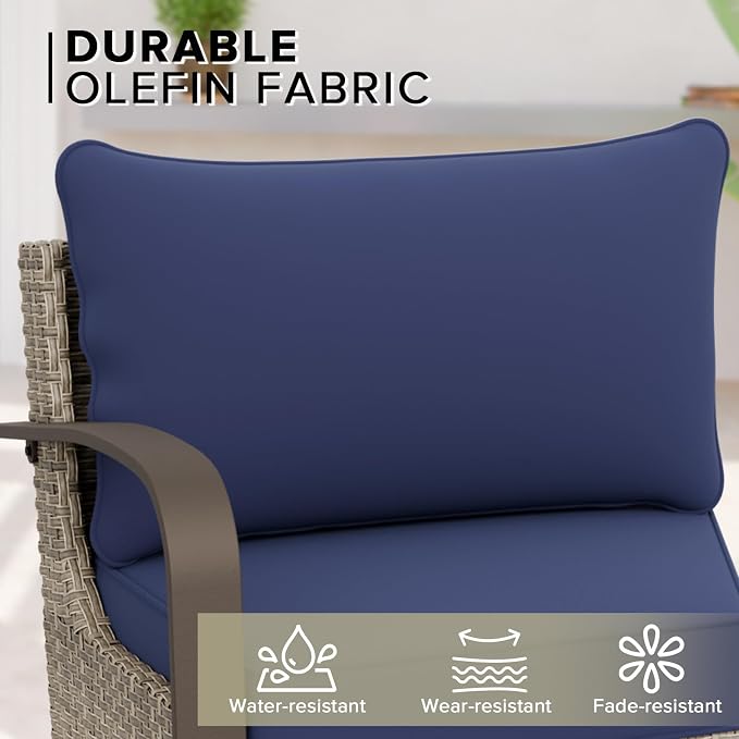 COOS BAY Aurora Terrace 4 Piece Outdoor Sectional Furniture Set, Half Moon Rattan Wicker Conversation Set with 4 Seat Sofa & Coffee Table for Patio Garden Yard, Beige/Blue