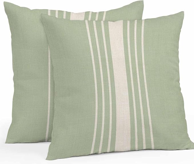 Sage Green Beige Striped Outdoor Pillow Covers 16x16 Inch Throw Pillow Covers Set of 2 Waterproof Decorative Pillow Cases Modern Farmhouse Retro Lines Cushion Covers for Patio Furniture Garden Couch