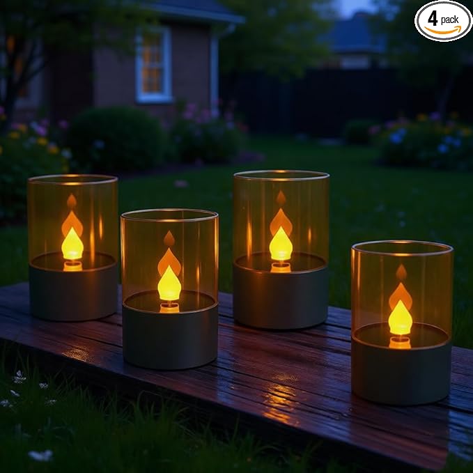 Bright Zeal 4.5" 4-Pack Gray-Green Solar Flickering Candle Lights – Waterproof LED Flameless Pillar Candles for Outdoor Pathway, Garden & Patio – Spring & Summer Home Decor