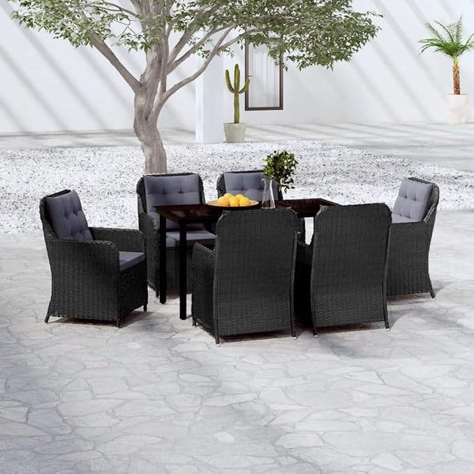7 Piece Patio Dining Set Black Outdoor Rattan Furniture with Cushions and Glass Tabletop for Garden Backyard Entertaining Weather Resistant