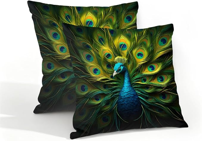 16x16 Inch Outdoor Pillow Covers Set of 2 Waterproof Throw Pillow Covers Decorative Couch Cushion Covers Green Peacock,Animal Square Pillowcases Protectors for Patio Garden Sofa