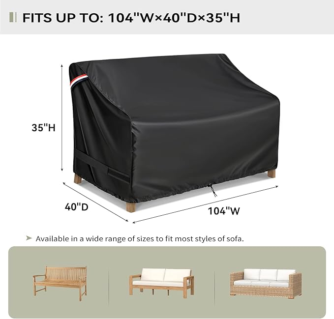 KylinLucky Patio Furniture Large Sofa Covers 104W x 32.5D x 33H inches,3-Seater Outdoor Waterproof Couch Loveseat Bench Cover Black