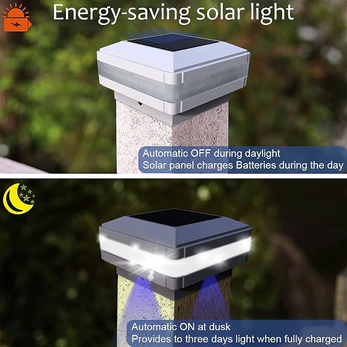 Solar Outdoor Post Cap Lights, 160LM 6000K Cool White, IP65, 1 Pack White | 52 LEDs High Brightness, Waterproof Fence Post Lights Compatible with 4x4 5x5 Wooden Posts, for Fence Deck Patio Garden Yard