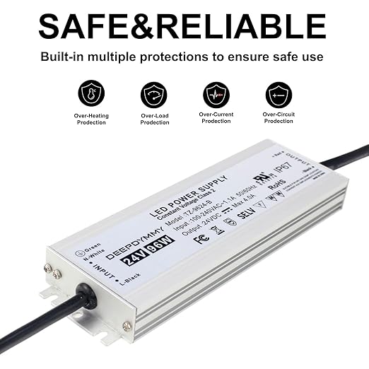 24V DC Power Supply 96W - Ultra Slim LED Driver Low Voltage Transformer with 3-Prong Plug & 3.3ft Cable, IP67 Waterproof for LED Strip Lights, Outdoor Lighting