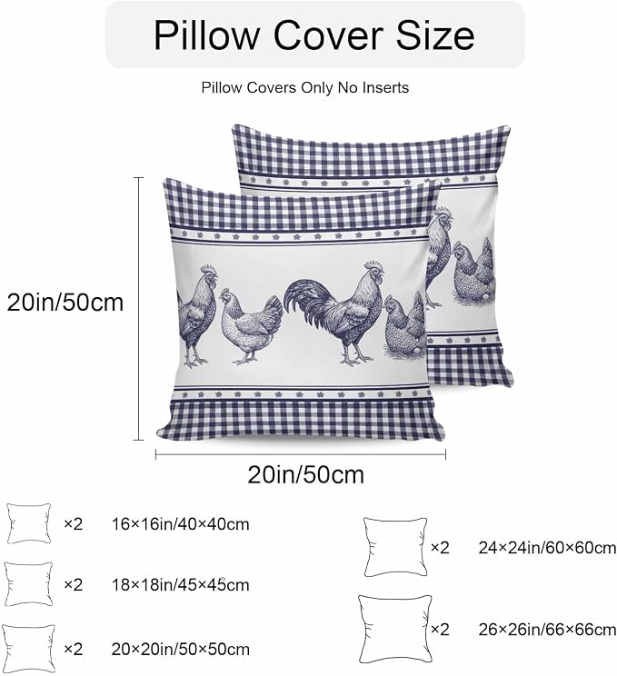 Navy Blue Rooster Outdoor Pillow Covers 24x24 Inch Throw Pillow Covers Set of 2 Waterproof Decorative Pillow Cases Vintage Farmhouse Blue Plaid Cushion Covers for Patio Furniture Garden Couch Sofa